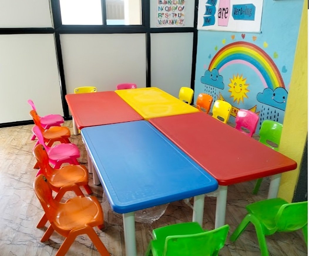 Classroom with colorful tables